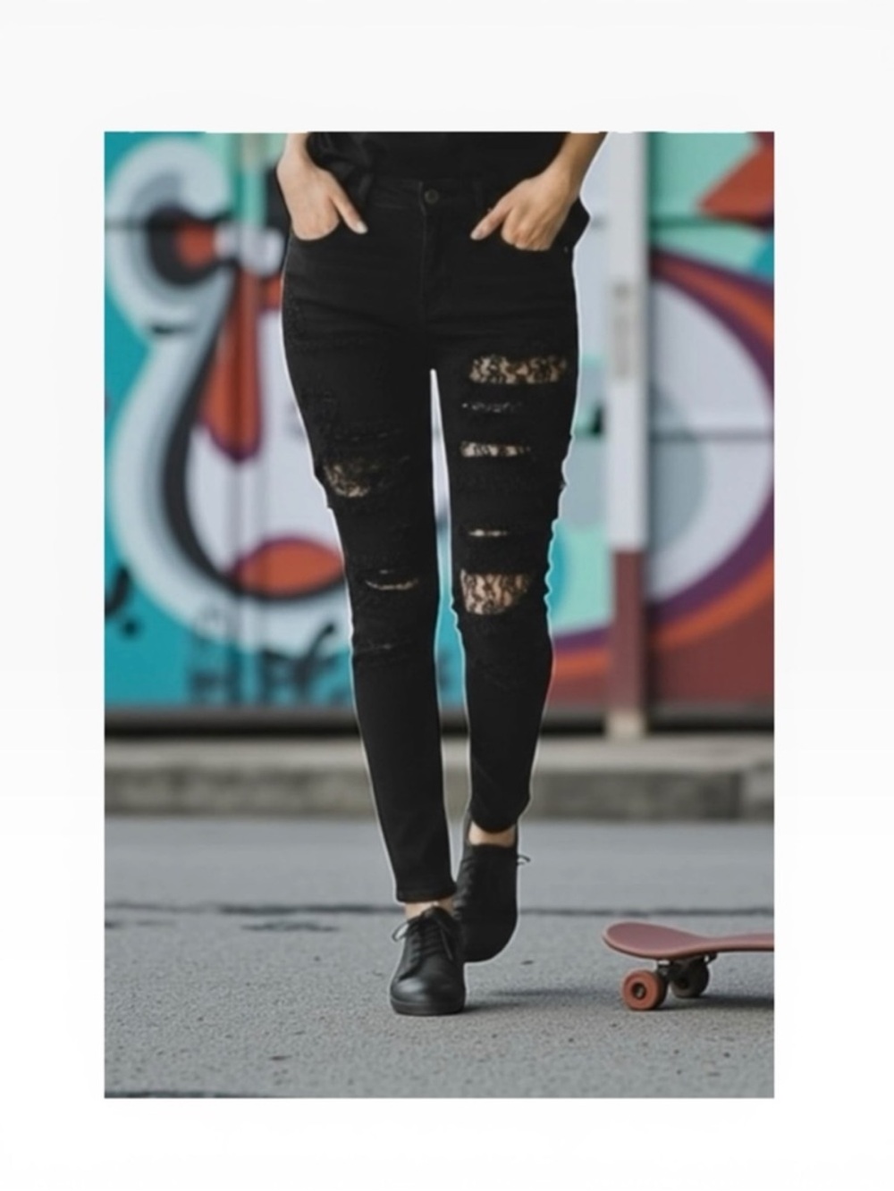 LF Carmar ❉ Skinny Shredded Rips Stretch Jeans ❉ Lace Patches ❉ Jet Black ❉ 25 ❉ - Picture 14 of 16